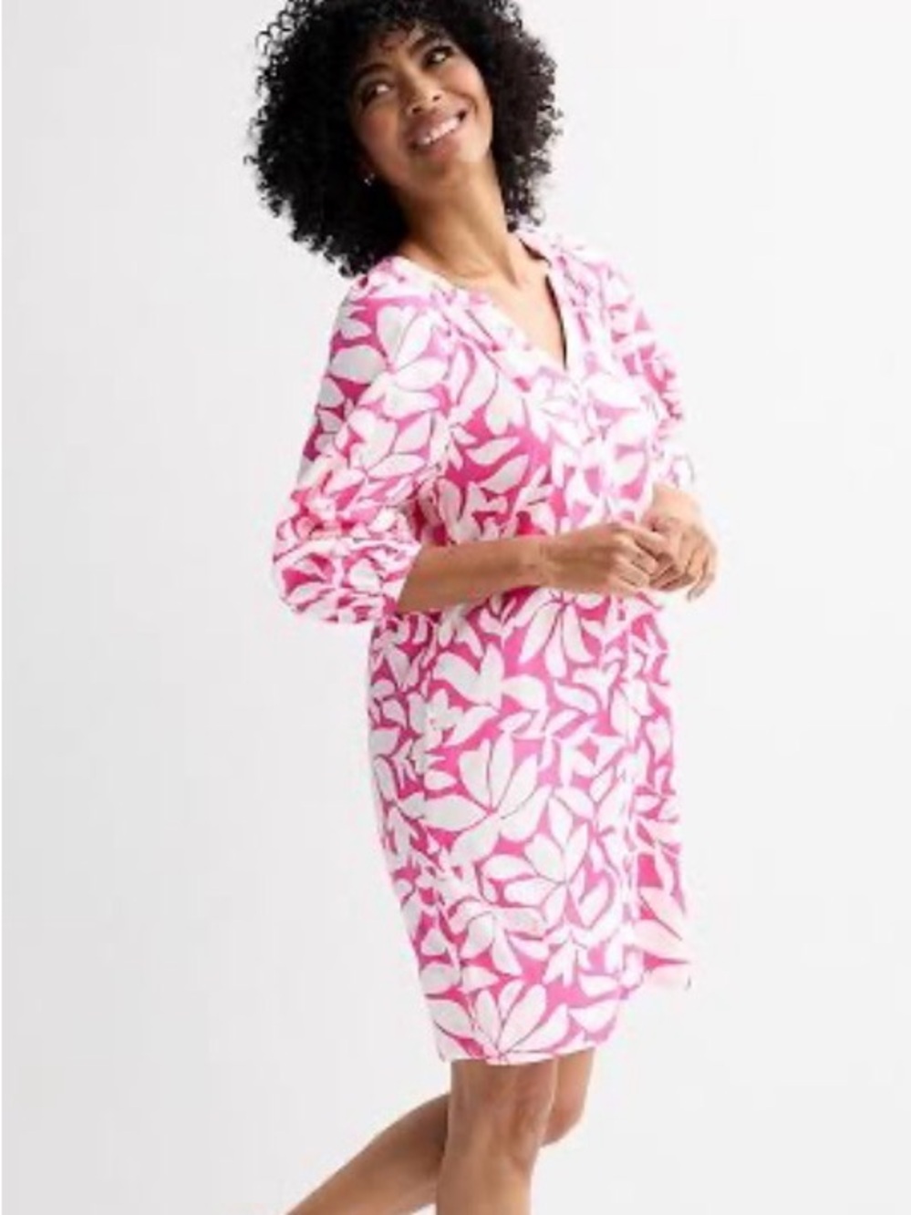 New! Sonoma Hot Pink and White Leaf-Print Mini Dress